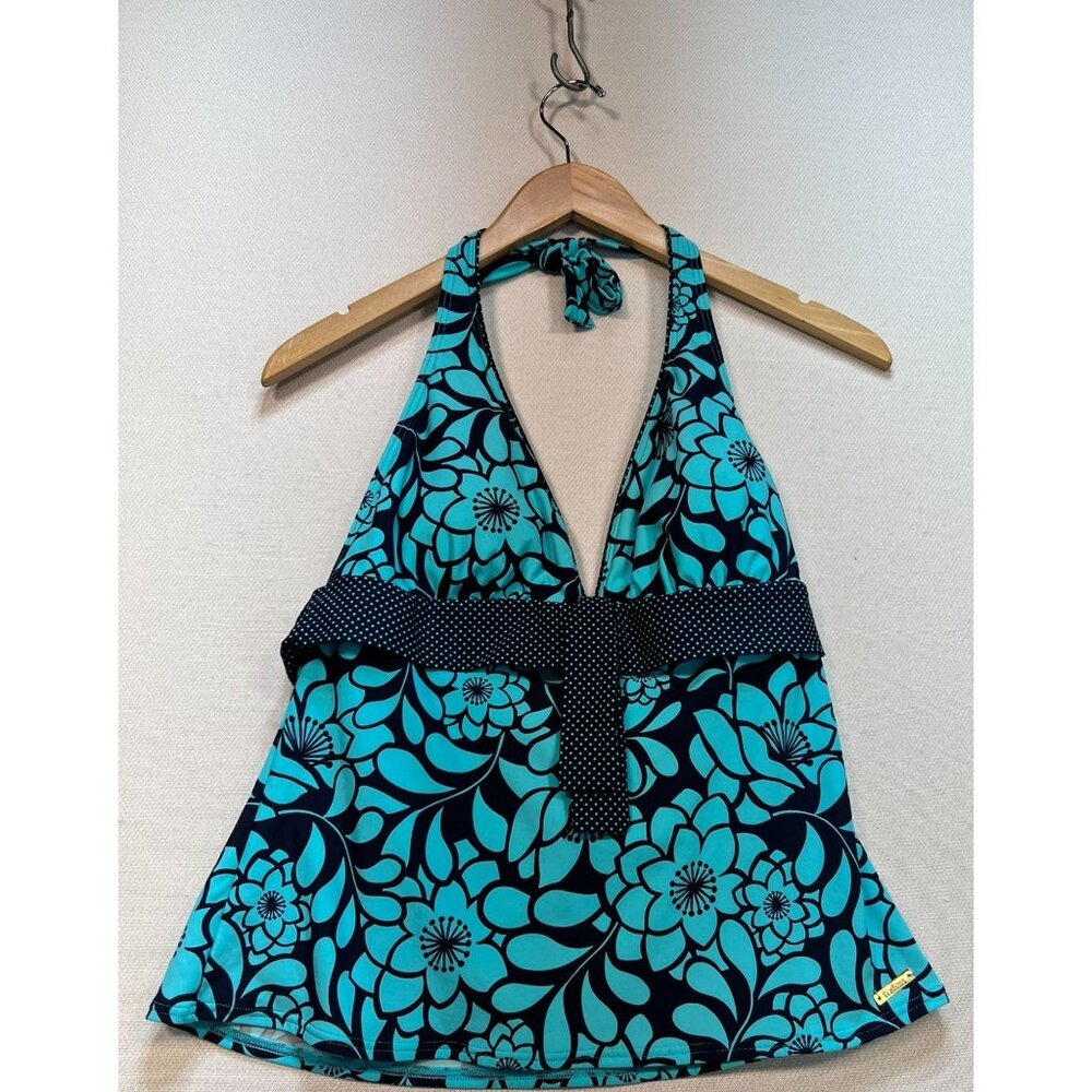 Liz & Co Women's Halter Swimwear Tank Size 14 Blue Black Floral Belated Stretch